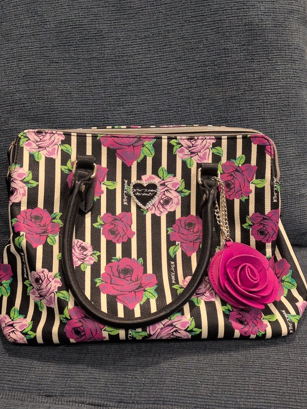 Betsy Johnson Floral Stripe Tote with Rose Charm
